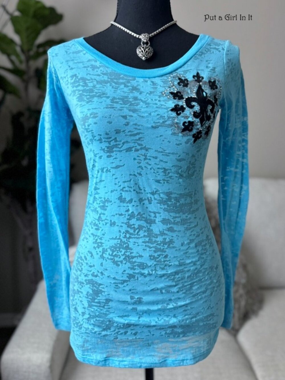 Vocal Apparel Women's Juniors Crystal Studded Blue Fleur De Lis Burnout Shirt S - Picture 2 of 4